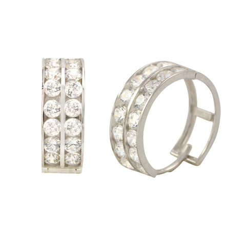 Huggie Hoops Earrings 14k White Gold Cubic Zirconia 2 Row 14mm x 5mm - Jewelryland.com