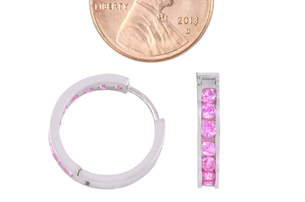 Pink CZ Huggie Earrings Hinged Hoops 925 Sterling Silver 17mm