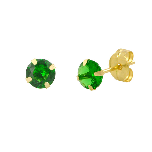 14k Yellow Gold Emerald Cubic Zirconia Stud Earrings Round Birthstone CZ - Jewelryland.com