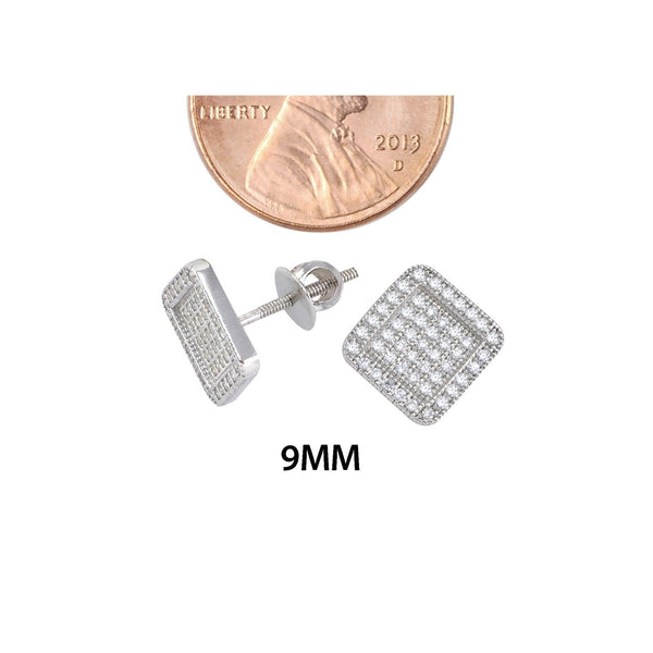 Screw Back Earrings Sterling Silver Pave CZ Cubic Zirconia 9mm Round Square - Jewelryland.com