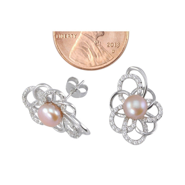 Pink Pearl Elegant Flower Stud Earrings White CZ Petals .925 Sterling Silver - Jewelryland.com