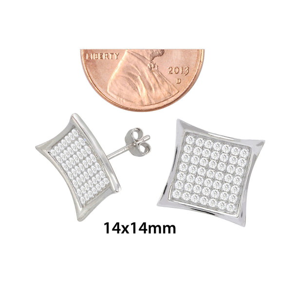 Sterling Silver Mens Pave Stud Earrings 14mm Lightweight Kite Shaped Clear CZ - Jewelryland.com