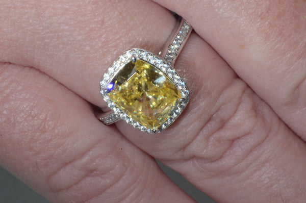 Sterling Silver Canary Yellow Cushion Cut Cubic Zirconia Ring - Jewelryland.com