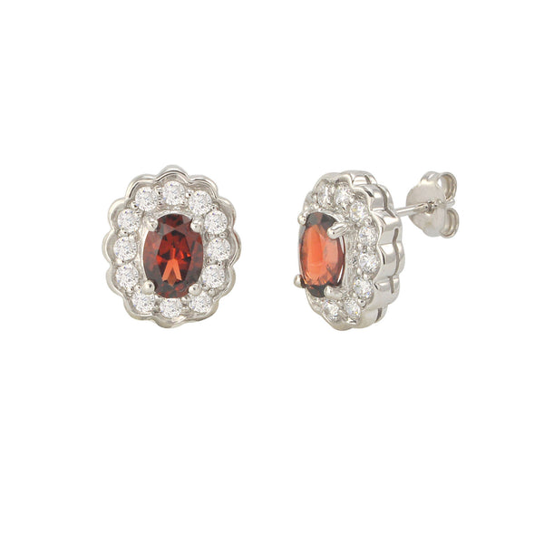 Garnet Gemstone Stud Earrings 925 Sterling Silver Fancy Oval CZ Accent - Jewelryland.com