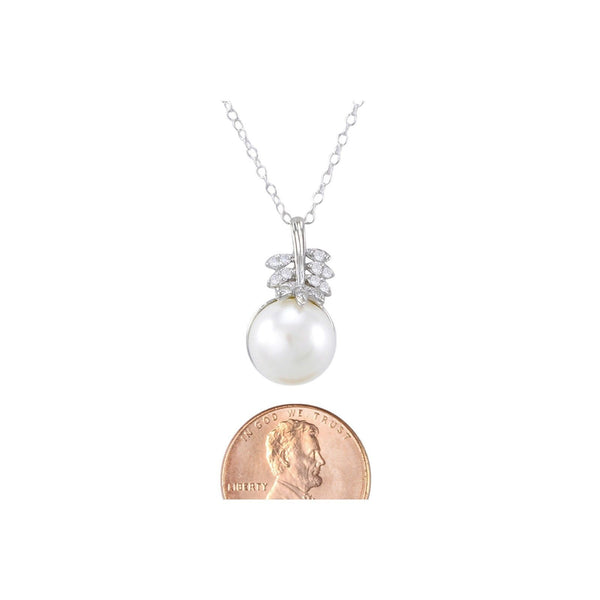 White Freshwater Pearl Necklace White CZ Leaf Design Sterling Silver, 18" Chain - Jewelryland.com