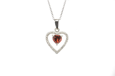 925 Sterling Silver Genuine Diamond .01ct and Garnet Heart Pendant Necklace - Jewelryland.com