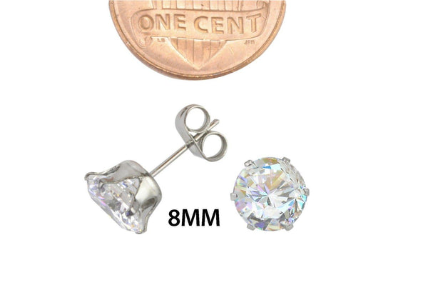 Stainless Steel Earrings White Round CZ Studs Prong Setting 2mm-10mm - Jewelryland.com