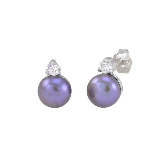 7mm Black Pearl Stud Earrings with White CZ .925 Sterling Silver - Jewelryland.com