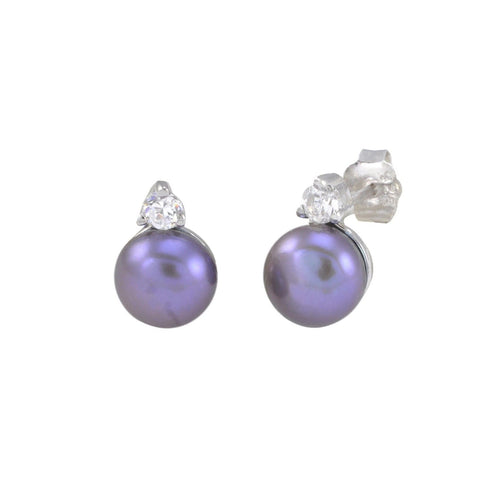 7mm Black Pearl Stud Earrings with White CZ .925 Sterling Silver - Jewelryland.com