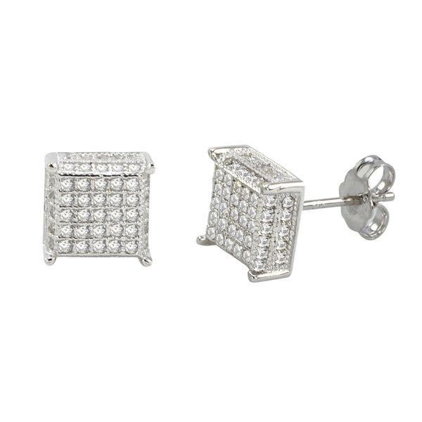 Sterling Silver Micropave Stud Earrings Clear 3d Square 4 Corner Accents 9mm - Jewelryland.com