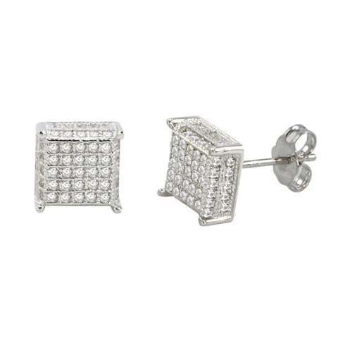 Sterling Silver Micropave Stud Earrings Clear 3d Square 4 Corner Accents 9mm - Jewelryland.com