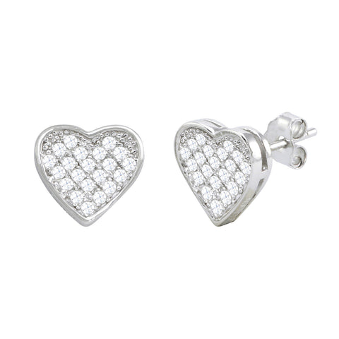 Sterling Silver Micropave Heart Stud Earrings White Cubic Zirconia 9mm x 9mm - Jewelryland.com