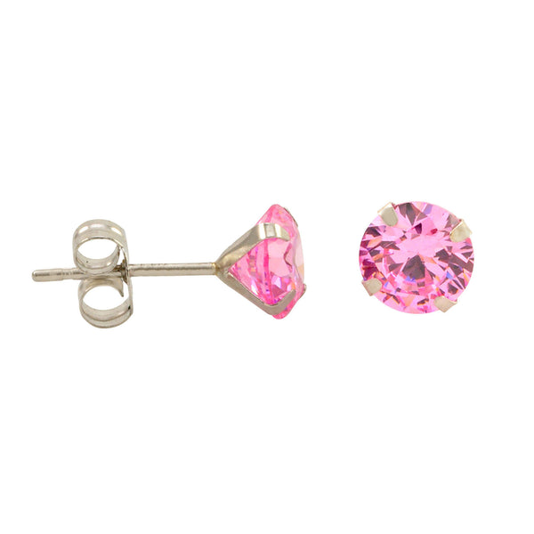 10k White Gold Pink Cubic Zirconia Stud Earrings Round CZ Prong Setting - Jewelryland.com
