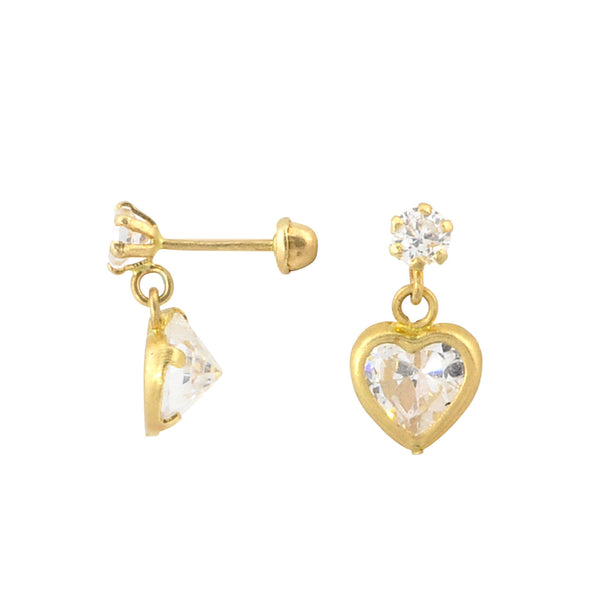 10k Gold CZ Heart Dangle Earrings with Screwbacks 7mm Cubic Zirconia Stones - Jewelryland.com