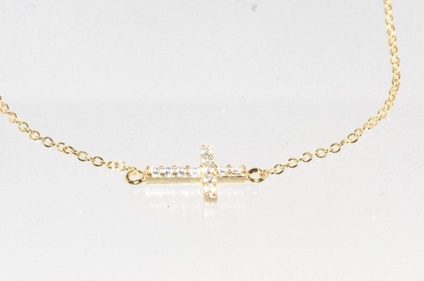 925 Silver Yellow Gold Plated Sideway Cross Necklace Cubic Zirconia, 16.5" - Jewelryland.com