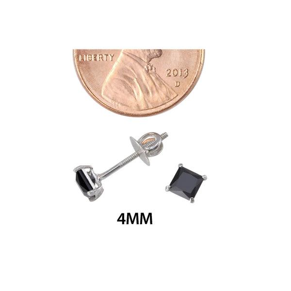 Sterling Silver Screwback Earrings Black CZ Studs Square Princess Cut Basket Set - Jewelryland.com