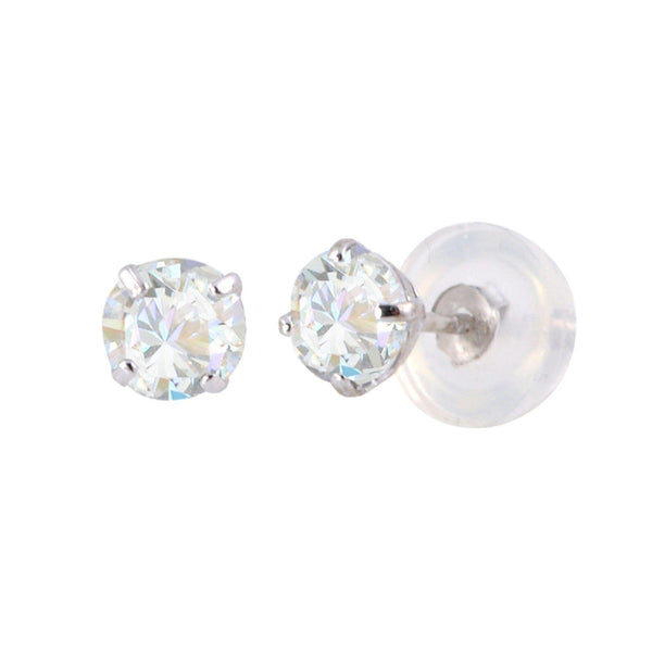 14k White Gold Clear CZ Round Basket Cubic Zirconia Stud Earrings Silicone Backs - Jewelryland.com