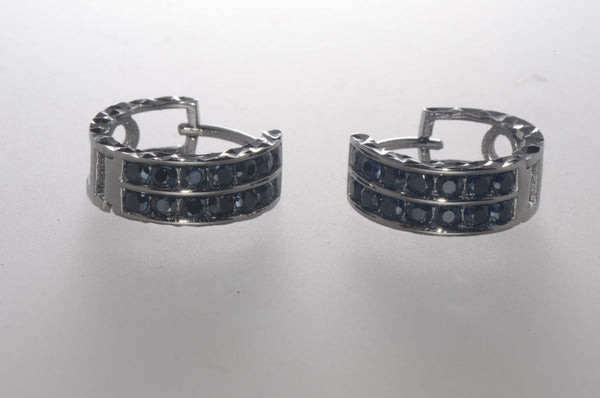 Sterling Silver Black CZ Hoop Earrings 2 Row Cubic Zirconia CZ 14mm x 6mm - Jewelryland.com
