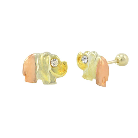 10k Tri Color Gold Elephant Stud Earrings Screwbacks White CZ Cubic Zirconia - Jewelryland.com