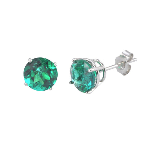 14k White Gold Stud Earrings Round Emerald - Genuine Gemstone - Jewelryland.com