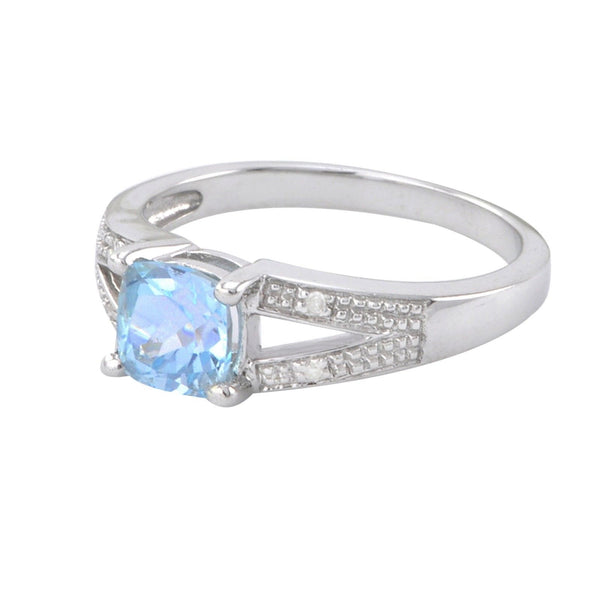 Sterling Silver .01ct Genuine Diamond Ring with 6mm Blue Topaz Split Shank - Jewelryland.com