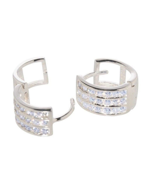 Small Huggie Earrings CZ Cubic Zirconia 3 Row .925 Sterling Silver 12mm x 7mm - Jewelryland.com