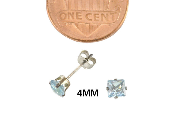 Square Aquamarine CZ March Birthstone Stud Earrings Silver Cubic Zirconia Prong - Jewelryland.com