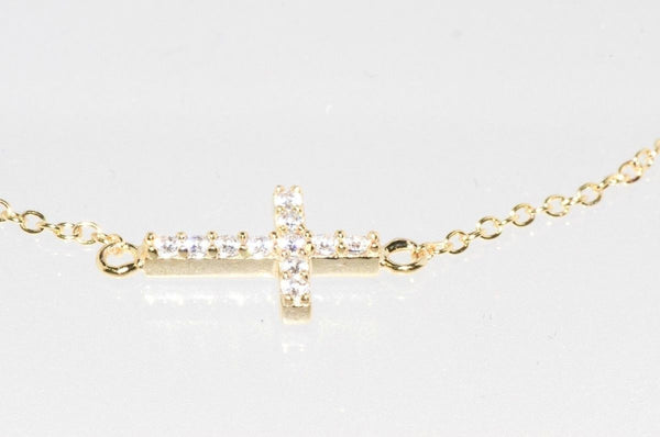 925 Silver Yellow Gold Plated Sideway Cross Necklace Cubic Zirconia, 16.5" - Jewelryland.com