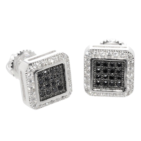Mens Screwback Earrings Hip Hop Black & White CZ Studs Sterling Silver ASC Brand - Jewelryland.com
