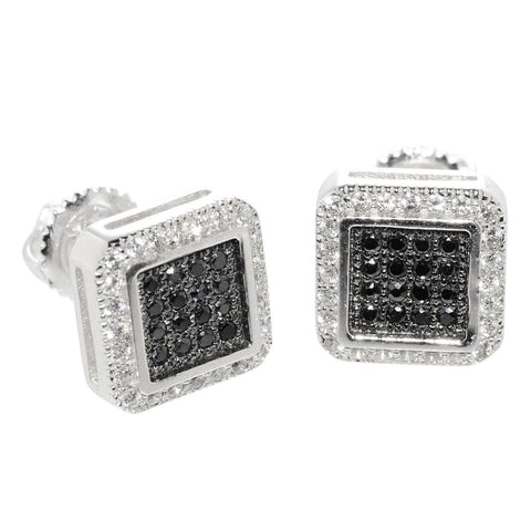 Mens Screwback Earrings Hip Hop Black & White CZ Studs Sterling Silver ASC Brand - Jewelryland.com