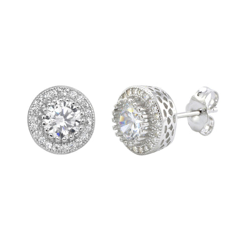 Sterling Silver Halo Cubic Zirconia Circle Stud Earrings Micropave 10mm - Jewelryland.com