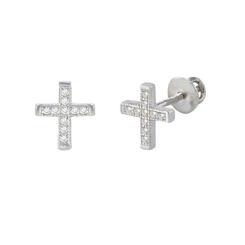 Mini Cross Screwback Earrings Sterling Silver Pave CZ Cubic Zirconia 9mm - Jewelryland.com