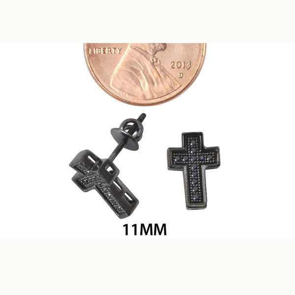 Cross Screwback Earrings Sterling Silver Pave Black CZ Cubic Zirconia 11mm - Jewelryland.com