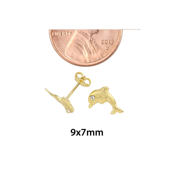 Dolphin with CZ Eyes Stud Earrings 10k Yellow Gold with Pushbacks 9x7 - Jewelryland.com