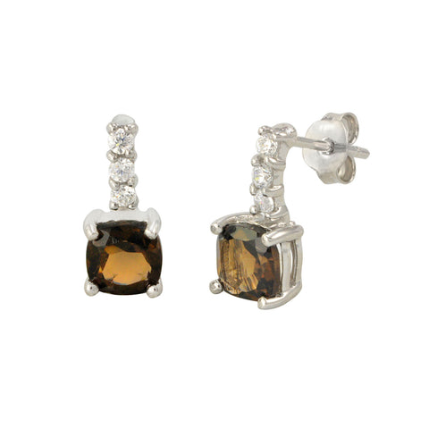 Smoky Quartz Gemstone Stud Earrings 925 Sterling Silver CZ Row Atop Round Gem - Jewelryland.com