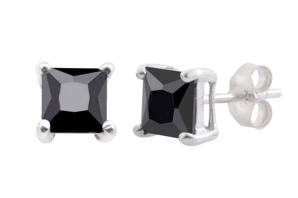 Square Black CZ Stud Earrings 925 Sterling Silver Basket Setting - Jewelryland.com