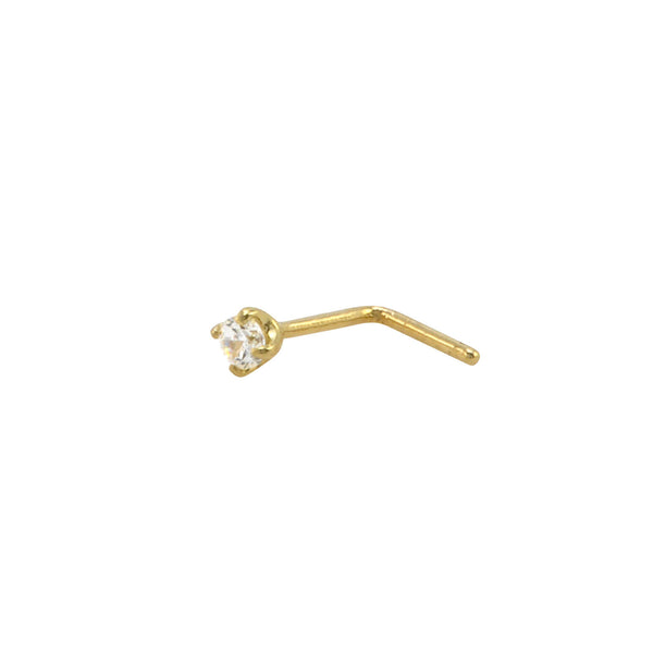Nose Stud 22G 14k Yellow Gold 2mm Clear CZ L Shaped Bent Nose Pin Deep Setting - Jewelryland.com