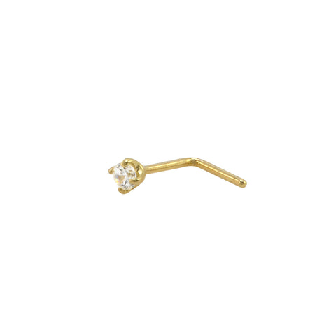 Nose Stud 22G 14k Yellow Gold 2mm Clear CZ L Shaped Bent Nose Pin Deep Setting - Jewelryland.com