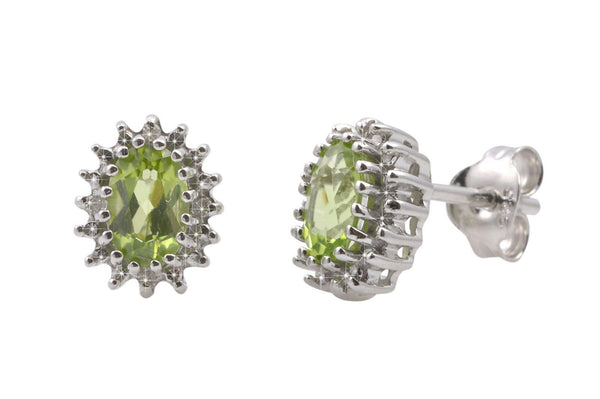 Peridot & Diamond Stud Earrings .03 ct, I-J, I2 Sterling Silver Oval - Jewelryland.com
