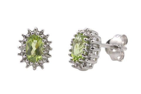 Peridot & Diamond Stud Earrings .03 ct, I-J, I2 Sterling Silver Oval - Jewelryland.com