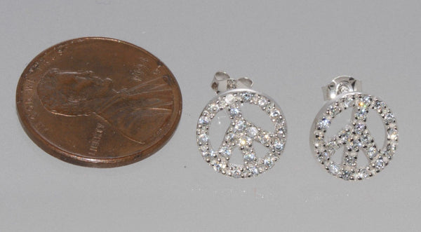 Peace Sign Stud Earrings Micropave Cubic Zirconia Sterling Silver Cute 11mm - Jewelryland.com