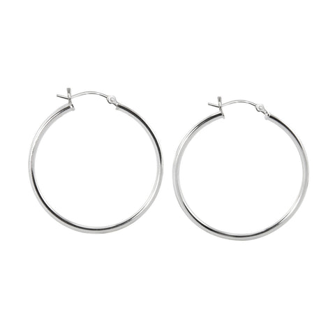 Sterling Silver Hoop Earrings High Polish Latch Closure 35mm Pair (Two Hoops) - Jewelryland.com
