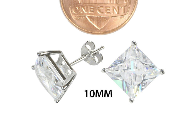 Sterling Silver Square Cubic Zirconia Stud Earrings AAA Clear CZ Basket Setting - Jewelryland.com