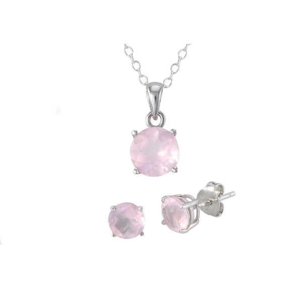925 Sterling Silver Pink Quartz Gemstone Pendant Necklace and Earrings Set - Jewelryland.com