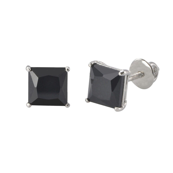 Sterling Silver Screwback Earrings Black CZ Studs Square Princess Cut Basket Set - Jewelryland.com