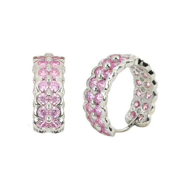 Sterling Silver Huggie Hoop Earrings 2 Row Pink CZ 16mm x 6mm - Jewelryland.com