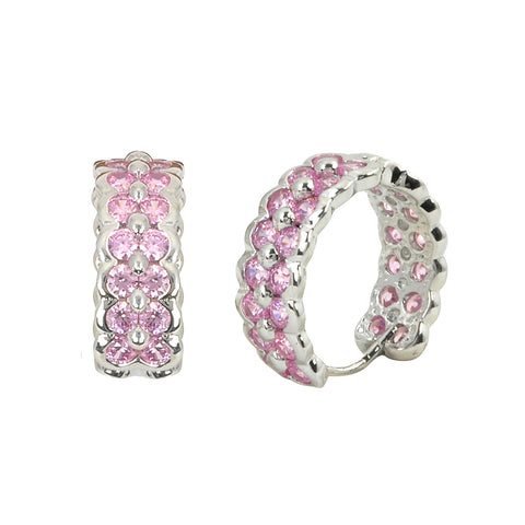 Sterling Silver Huggie Hoop Earrings 2 Row Pink CZ 16mm x 6mm - Jewelryland.com