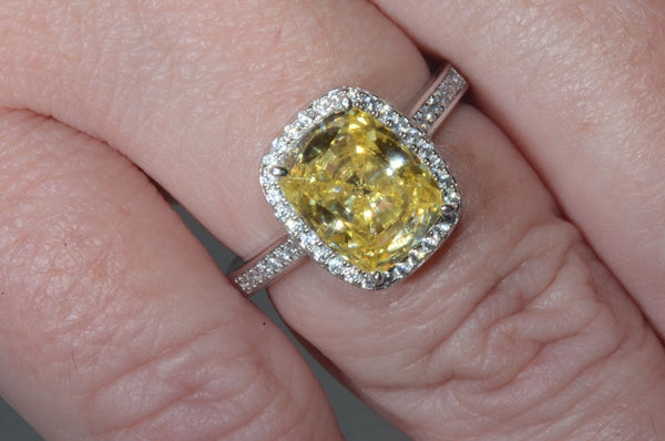Sterling Silver Canary Yellow Cushion Cut Cubic Zirconia Ring - Jewelryland.com