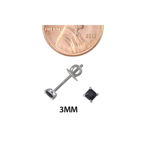 Sterling Silver Screwback Earrings Black CZ Studs Square Princess Cut Basket Set - Jewelryland.com