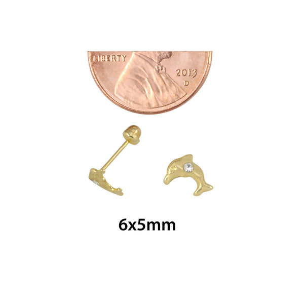 Mini Dolphin with CZ Stud Earrings 10k Yellow Gold with Screwbacks 6x5 - Jewelryland.com
